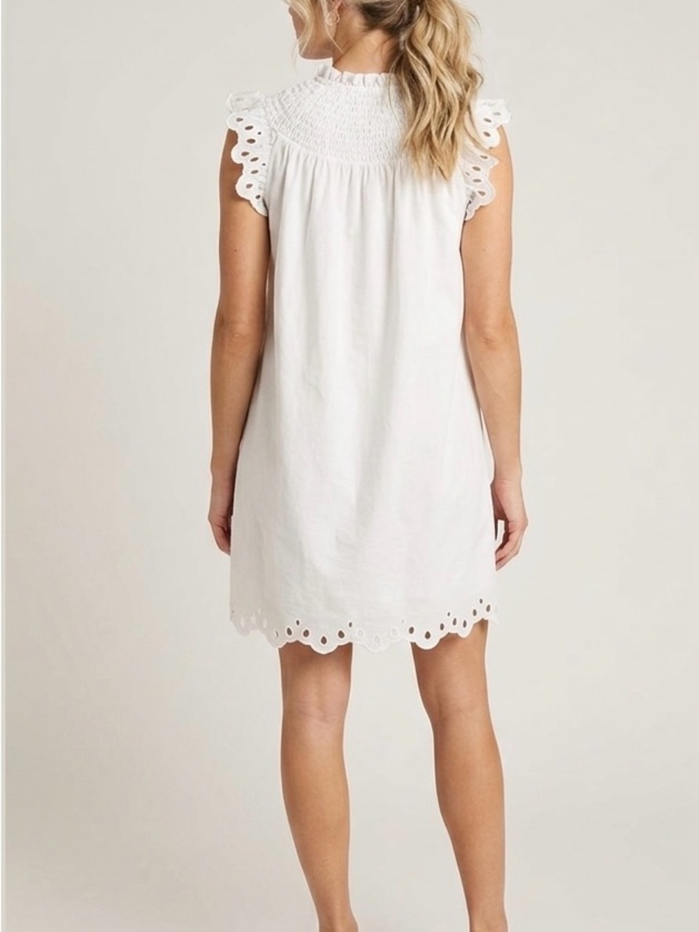 Crown & Ivy White Eyelet Smocked Mini Dress Size Large Boho Summer Cotton - Picture 2 of 9